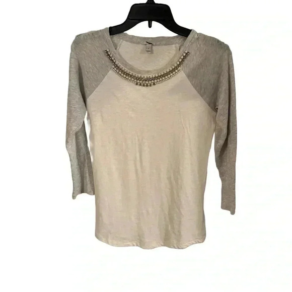 J.Crew Beaded Neckline Baseball Tee ivory with gray sleeves size small - Picture 1 of 10